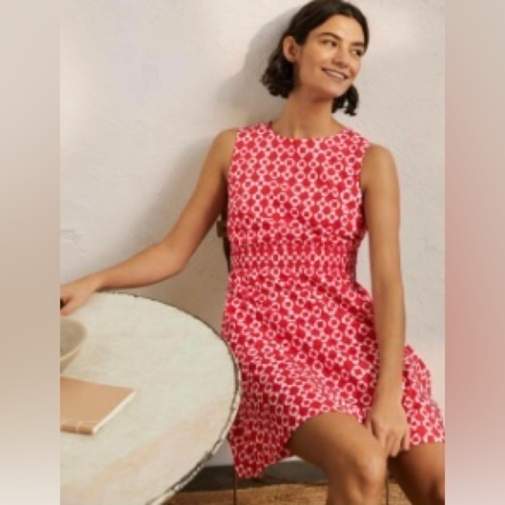 Boden bright coral red smocked waist mini dress with pockets NWT size 6